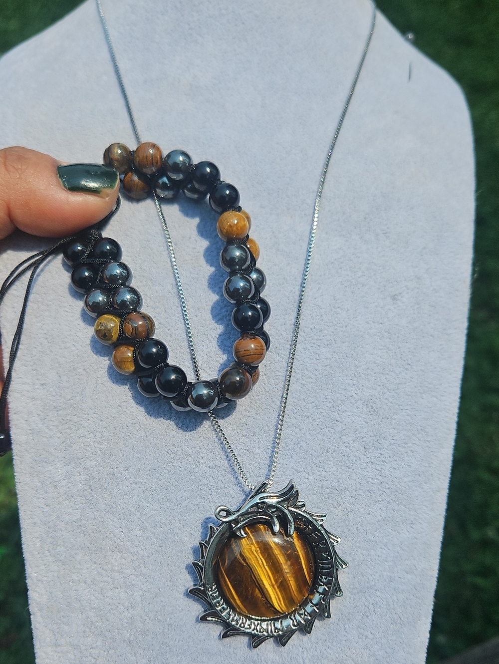 Tiger Eye Sun Pendant Necklace and Beaded Bracelet Set - Brown